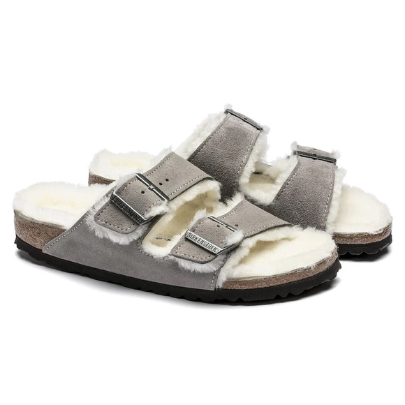 NWT Birkenstock Arizona Shearling Suede Leather Slide in Stone Coin - Picture 10 of 15